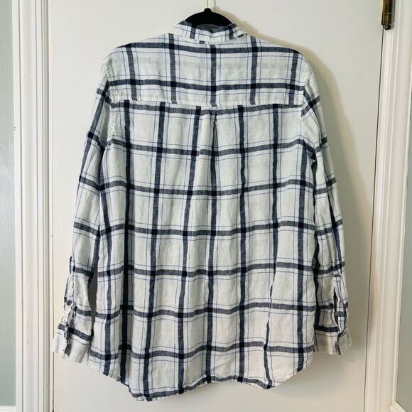 GAP 100% Linen L black, white, blue plaid button front pocket shirt - Picture 3 of 7